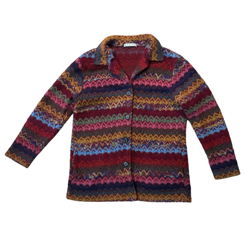 Entity Womens Zig Zag Colorful Cardigan Sweater Button Front Multicolor Large